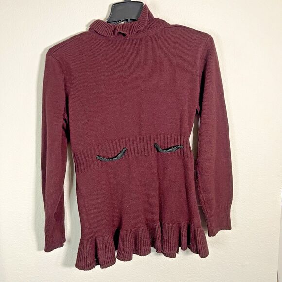 ELLE WOMENS SWEATER Dark MAROON RED SIZE XL Black ROPE TIE FRONT KNIT HOLIDAY - Picture 2 of 8